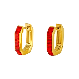 Close-up of gold 18K stainless steel hoop earrings set with rectangular red zircon stones