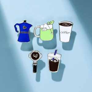 5-piece set of coffee and tea enamel pins including moka pot and espresso handle