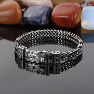 Bracelet Homme Acier Inoxydable 316L Double Rang Franco Tressé Croix Ankh Rétro Punk Bijoux Argent Antique