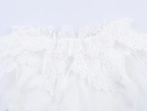 Detail of white lace collar and ribbed knit texture on a slim fit bodysuit top
