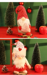 Detailed view of handmade Christmas gnomes with knit hats and festive decorative accessories