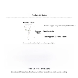 Detail showing dimensions of long fishtail tassel earrings with pearls and rhinestones