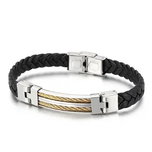 Men Braided Leather Bracelet Stainless Steel Bar Gold Wire Cable Accents Punk Business Wristband