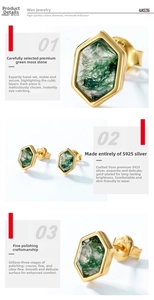 Macro detail of hexagonal silver earrings with natural green moss agate and gold plating