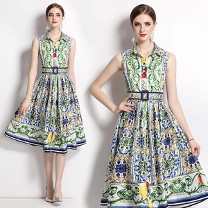 Robe Midi Sans Manches Femmes Polyester Imprimé Floral Méditerranéen Rétro Revers Boutons Élégant Vintage Avec Ceinture