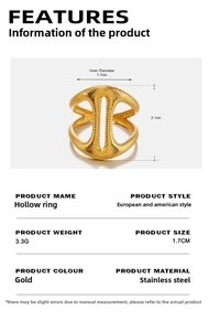 Macro detail of gold hollow geometric ring with dimensions and material specifications