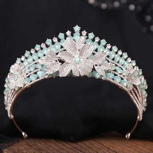 Baroque bridal crown with silver floral alloy and elegant light green water drop crystals