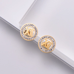 Golden stainless steel hoop earrings with Roman numerals and sparkling crystals
