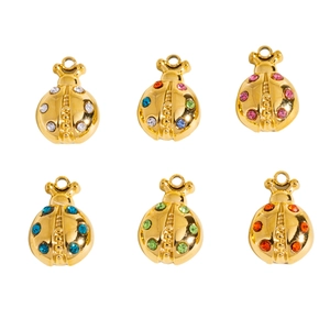 Set of six gold ladybug charms with colorful rhinestones for DIY jewelry making