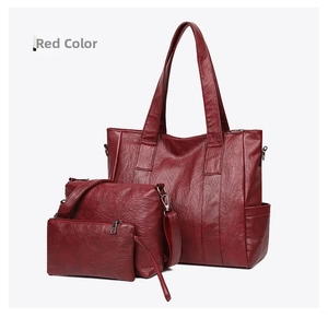 Three-piece set of wine red tote, crossbody bag, and pouch with lychee texture