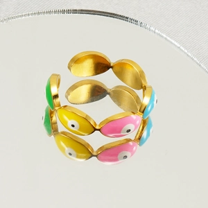Colorful Evil Eye adjustable open ring in gold stainless steel with enamel finish