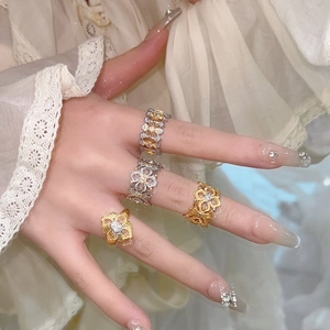 Bague En Cuivre Fleur Évidée Pour Femme Plaqué Or Zircon Losange Floral Bijoux De Doigt Rétro Accessoire Élégant