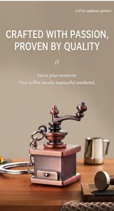 Macro shot of miniature vintage copper coffee grinder keychain with realistic details