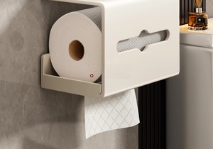 Detail of wall-mounted toilet paper holder with storage shelf and roll dispenser in bathroom