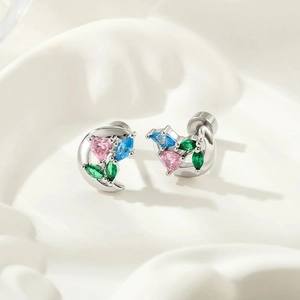 Crescent Moon Heart Flower Cartilage Earring Titanium Steel Copper Zirconia Colorful Screw Back Piercing Jewelry