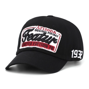 Detailed embroidery of 1932 on vintage black cotton twill baseball cap with 3D patches