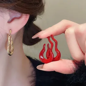 Chic flame gourd J-shaped earrings in gold and red enamel finish for women