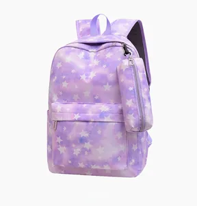 Detail view of purple star pattern backpack with matching zipper pencil case accessory
