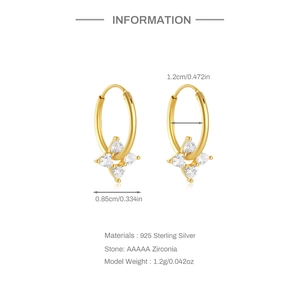 Detail showing S925 silver hoop earrings dimensions of 1.2cm diameter and zirconia petals