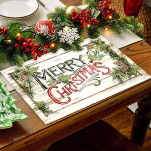 Merry Christmas placemat with pine needles and wood grain texture for holiday table decor
