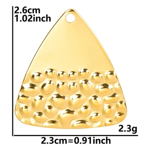 Detail view of 18k gold plated stainless steel triangle pendant with hammered texture finish