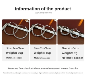 Detailed comparison of three sizes for crystal-studded round hoop earrings in copper