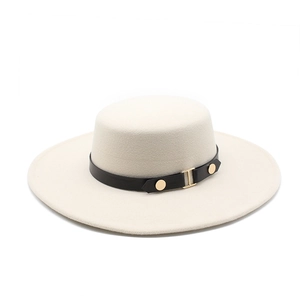 Classic off-white flat top wool hat with black leather band and gold metal buckles