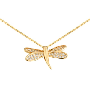 Elegante collana a libellula dorata con zirconi scintillanti su una sottile catena a O