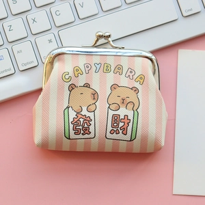 Close-up of pink striped canvas coin purse with cute capybara and metal clasp
