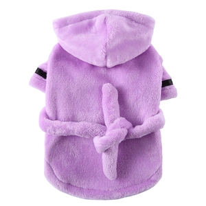 Light purple coral fleece pet bathrobe with hood and black stripe cuffs for dogs and cats