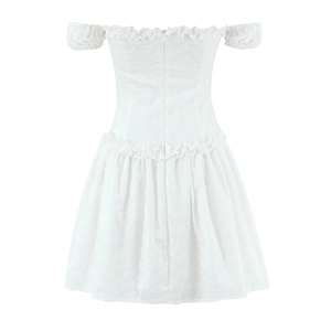 Elegant white off-the-shoulder mini dress with floral embroidery and hollow details back view