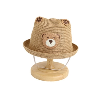 Cute straw sun hat for baby boys and girls with bear ears and adjustable chin strap