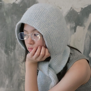 French vintage light blue knitted balaclava hood with ear protection for winter