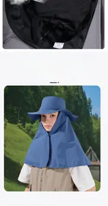 Detail view of breathable black mesh lining and neck protective cape on blue sun hat