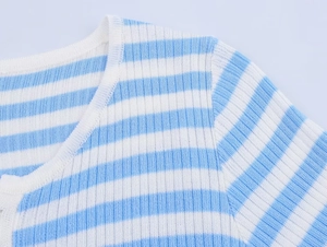 Detailed macro view of the striped knit texture and collar stitching on the pullover
