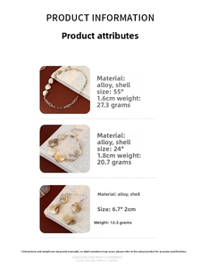 Détails du coffret bijoux en coquillage avec dimensions du collier et des boucles
