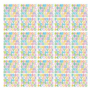 Macro detail of 15-sheet colorful alphabet and number sticker set in Macaron tones