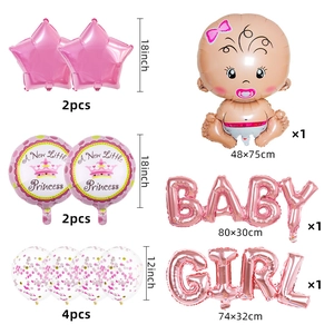 Detail set of pink baby girl shower party balloons with princess crown and foil letters