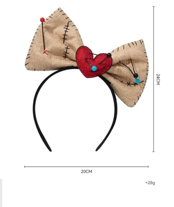 Detailed Halloween Voodoo doll headband with linen bow and heart showing 24cm height