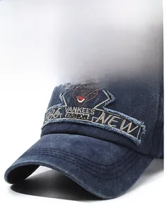 Macro shot of navy denim baseball cap with 3D embroidery and vintage stitching details
