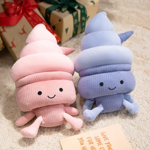 Cute waffle fabric ice cream plush toys with smiley faces in pink and purple colors