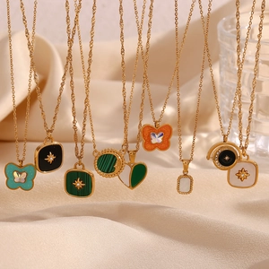 Vintage 18K gold plated stainless steel pendants with colorful enamel details on silk