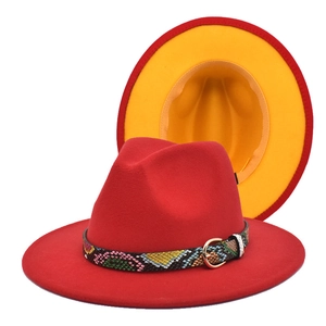 Detailed view of bicolor fedora hat with wide brim, snake pattern band and gold buckle