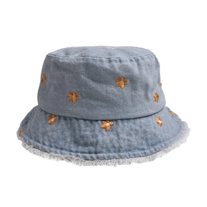 Denim bucket hat in light blue with orange flower embroidery and white frayed brim detail