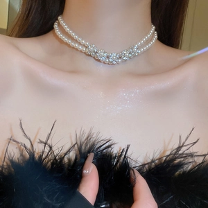 Double-layered pearl choker necklace for women with elegant crystal flower charms