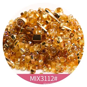 Miyuki glass bead mix in warm golden amber tones with various shapes for DIY jewelry