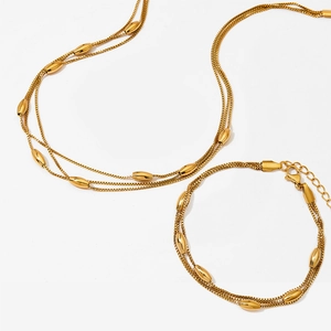 Élégant ensemble de bijoux collier et bracelet multicouches en acier inoxydable doré pour femme