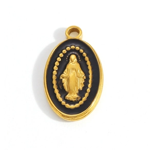 Macro shot of 18K gold plated oval religious Virgin Mary pendant with black enamel