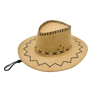 Brauner Western-Cowboyhut aus Wildlederimitat mit schwarzen Ziernähten und Windschutzseil