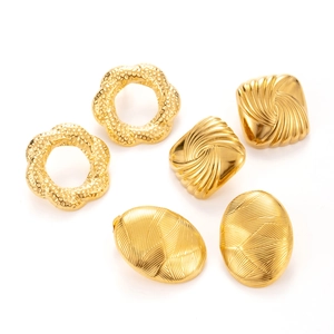 Golden geometric earrings in hammered flower, square swirl and textured oval shapes